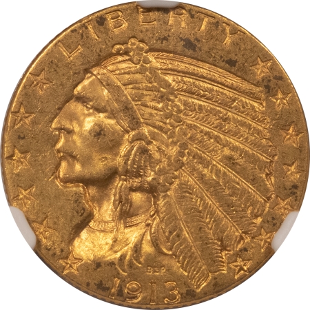 $5 1913 $5 INDIAN GOLD HALF EAGLE – NGC MS-62, NICE ORIGINAL UNCIRCULATED
