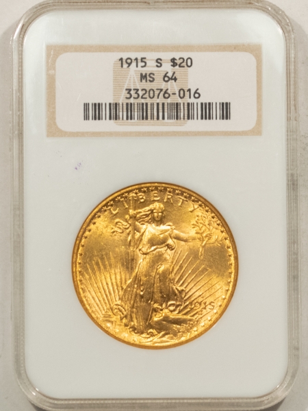 $20 1915-S $20 ST GAUDENS GOLD – NGC MS-64, FRESH & PQ! FATTIE HOLDER!