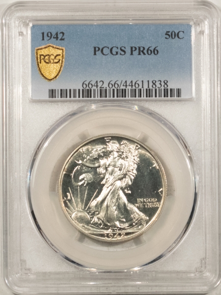 New Certified Coins 1942 PROOF WALKING LIBERTY HALF DOLLAR – PCGS PR-66, BLAZING WHITE!