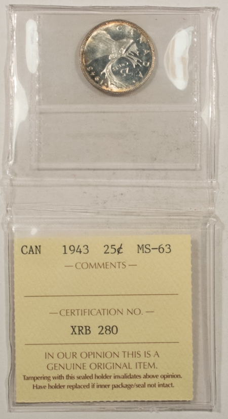 New Store Items 1943 CANADA SILVER QUARTER 25C, KM-35, ICCS MS-63, FLASHY CHOICE BU & PL