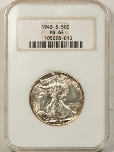 New Certified Coins 1943-S WALKING LIBERTY HALF DOLLAR – NGC MS-64, FATTIE HOLDER, PRETTY & PQ!