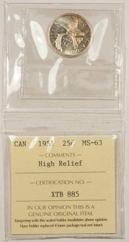 New Store Items 1951 CANADA SILVER QUARTER 25C, HIGH RELIEF, KM-44, ICCS MS-63, FLASHY BU & PL