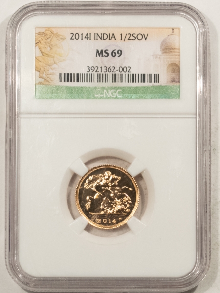 New Certified Coins 2014-I INDIA GOLD 1/2 SOVEREIGN NGC MS-69, SPECIAL LABEL, SCARCE!