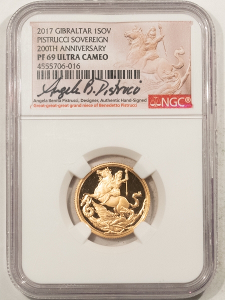 Other Numismatics 2017 GIBRALTER GOLD SOVEREIGN, 200TH ANN, PISTRUCCI SIGNED NGC PF-69 ULTRA CAMEO