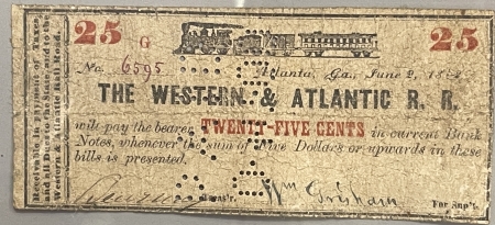 New Store Items JUNE 2, 1862 WESTERN & ATLANTIC RAILROAD, ATLANTA, GA 25C NOTE W/ POST CARD CIRC