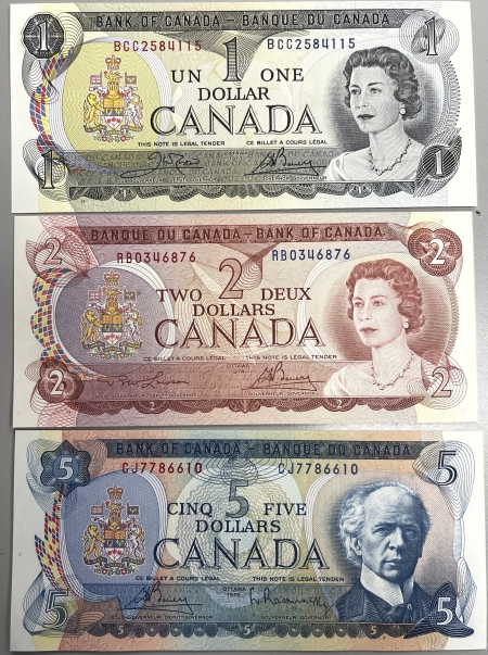 New Store Items 1972-1974 CANADA “BANK OF CANADA” $1, $2, $5 NOTES, LOT OF 3 BC-46-48, CU-GEM CU