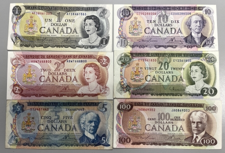 New Store Items 1969-1975 CANADA “BANK OF CANADA” $1-$100 NOTES, LOT OF 6, BC46-52, XF-GEM CU