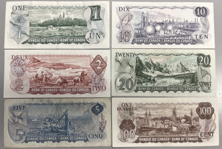 New Store Items 1969-1975 CANADA “BANK OF CANADA” $1-$100 NOTES, LOT OF 6, BC46-52, XF-GEM CU