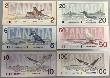 New Store Items 1986-1991 CANADA “BANK OF CANADA” $2-$100 NOTES, LOT OF 6, BC55a-60a-i CH-GEM CU