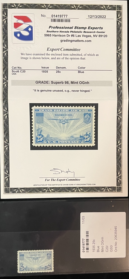 Air Post Stamps SCOTT #C-20 25c BLUE, PSE GRADED SUPERB 98, MINT OGnh; SMQ = $175