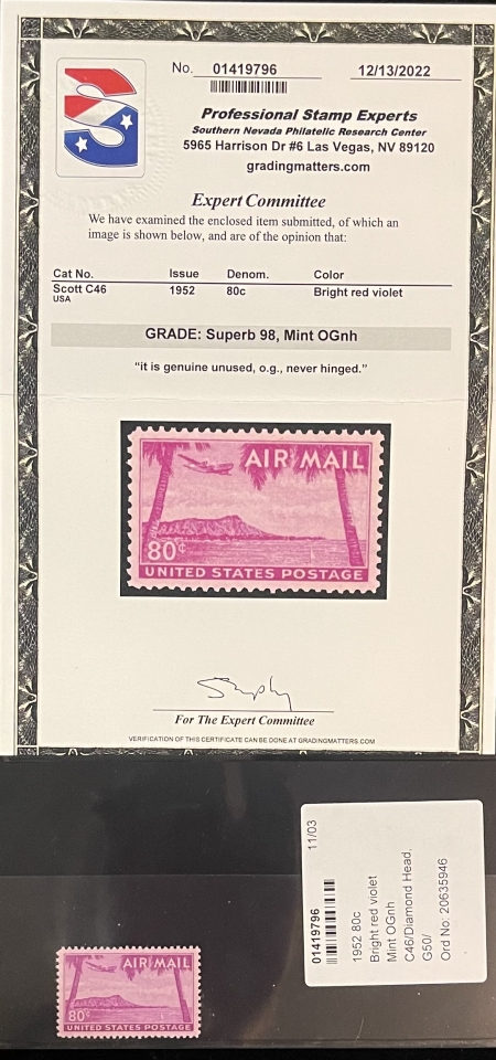 Air Post Stamps SCOTT #C-46 80c HAWAII BRIGHT RED VIOLET, PSE GRADED SUPERB 98-MINT OGnh-SMQ=$75
