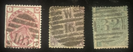 Stamps & Philatelic Items GREAT BRITAIN, SCOTT #s 44,45 & 48, 3p, 6p & 1S, USED, NICE APP, FAULTY-CAT $485