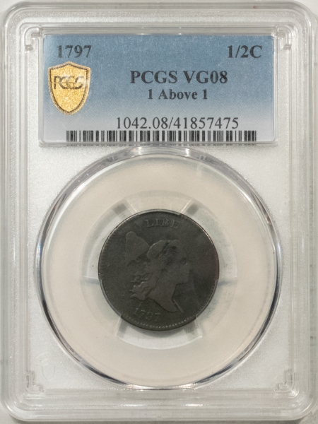Liberty Cap Half Cents 1797 LIBERTY CAP HALF CENT, 1 ABOVE 1 – PCGS VG-8, STRONG DETAIL FOR THE GRADE!