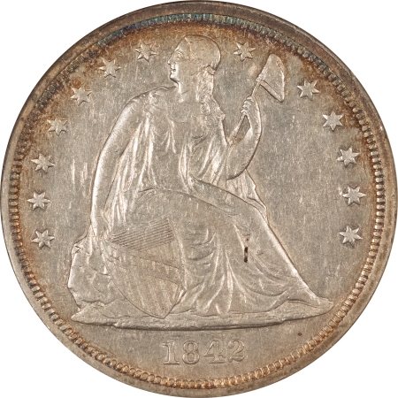 Liberty Seated Dollars 1842 SEATED LIBERTY DOLLAR – ANACS EF-45, HONEST CIRC W/ RETAINED LUSTER!