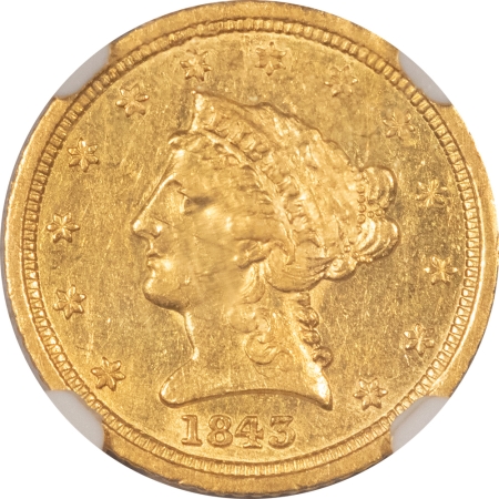 $2.50 1843-D $2.50 LIBERTY GOLD – NGC AU-55, FLASHY! DAHLONGEGA GOLD!