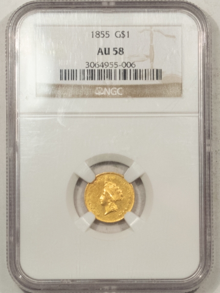 $1 1855 TYPE 2 $1 GOLD DOLLAR – NGC AU-58, SPOT FREE!