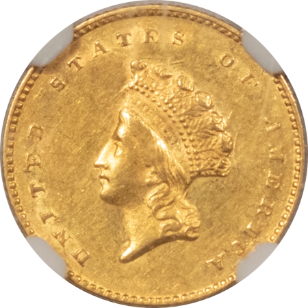 $1 1855 TYPE 2 $1 GOLD DOLLAR – NGC AU-58, SPOT FREE!