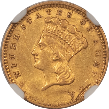 $1 1856 SLANTED 5 TY 3 $1 GOLD DOLLAR, MINT ERROR – NGC AU-55, OBV STRUCK THRU!