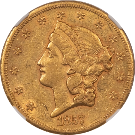 $20 1857-S TYPE 1 $20 LIBERTY HEAD DOUBLE EAGLE GOLD – NGC AU-55, ORIGINAL!