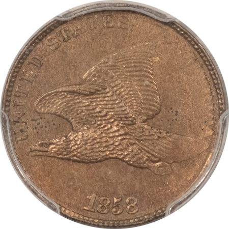 Flying Eagle 1858/7 FLYING EAGLE CENT, STRONG – PCGS MS-61, SUPER STRONG OVERDATE!