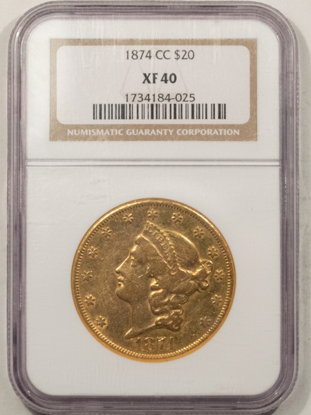 $20 1874-CC $20 LIBERTY GOLD DOUBLE EAGLE – NGC XF-40, TOUGH CARSON CITY!