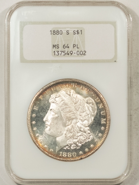 Morgan Dollars 1880-S MORGAN DOLLAR – NGC MS-64 PL, FATTIE HOLDER, PREMIUM QUALITY & PRETTY!
