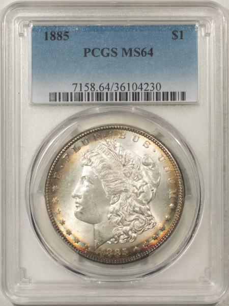 Morgan Dollars 1885 MORGAN DOLLAR – PCGS MS-64, GORGEOUS, RAINBOW REVERSE!