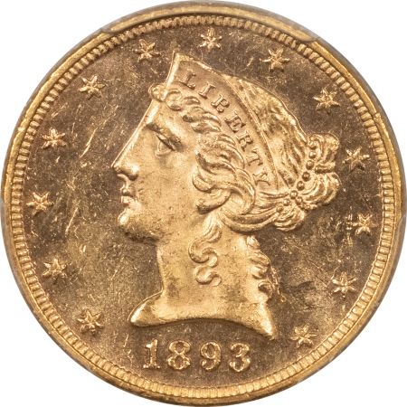 $5 1893 $5 LIBERTY HEAD GOLD – PCGS MS-62 PL, CAC, DEEP PROOFLIKE, LOOKS PROOF!