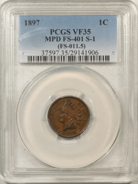 Indian 1897 INDIAN CENT, 1 IN NECK, MPD FS-401 S-1 (FS-011.5) – PCGS VF-35