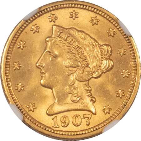 $2.50 1907/1907 $2.50 LIBERTY HEAD GOLD, VP-001 – NGC MS-65, NEAT VARIETY!