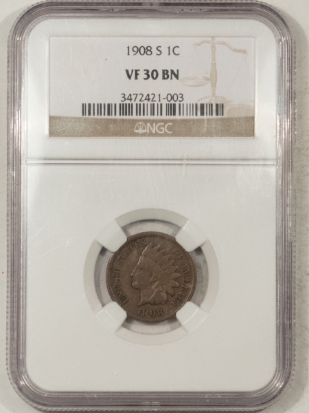 Indian 1908-S INDIAN CENT – NGC VF-30 BN, NICE SMOOTH KEY DATE!