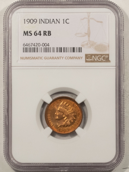 Indian 1909 INDIAN CENT – NGC MS-64 RB, PRETTY! FULL RED OBVERSE!