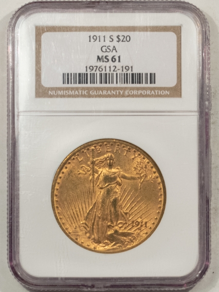 $20 1911-S $20 ST GAUDENS GOLD, GSA – NGC MS-61, SCARCE GSA HOARD COIN!