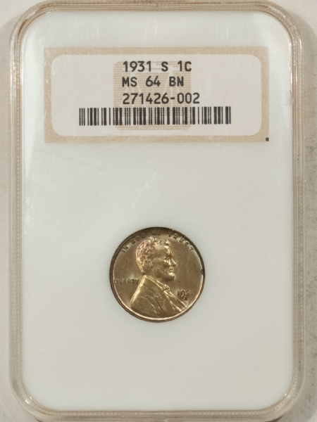 Lincoln Cents (Wheat) 1931-S LINCOLN CENT – NGC MS-64 BN, KEY DATE, FATTIE HOLDER!