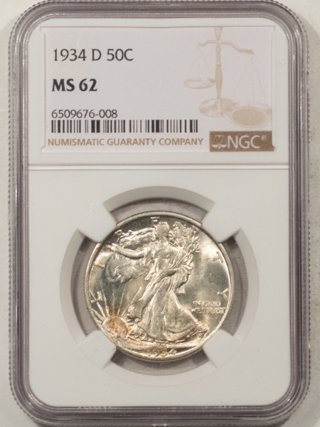 U.S. Certified Coins 1934-D WALKING LIBERTY HALF DOLLAR – NGC MS-62, FLASHY & ORIGINAL!