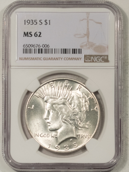 New Certified Coins 1935-S PEACE DOLLAR – NGC MS-62, BLAST WHITE, LOOKS CHOICE!