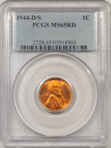 Lincoln Cents (Wheat) 1944-D/S LINCOLN CENT – PCGS MS-65 RD, STRONG VARIETY, SCARCE IN RED!