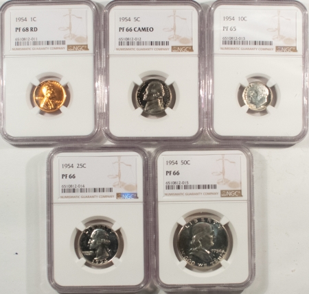 Franklin Halves 1954 5 COIN US SILVER PROOF SET – NGC PF-68 RD/66 CAMEO/65/66/66 MATCHED & PQ!