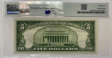 New Store Items 1929 $5 FEDERAL RESERVE BANKNOTE, DALLAS FR-1850K, PMG CH UNC 64 EPQ, LOOKS GEM!
