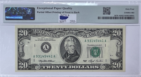 Small Federal Reserve Notes 1993 $20 FRN, BOSTON, FR-2079-a, “OFFSET PRINTING ERROR”, PMG-64 EPQ; DRAMATIC!