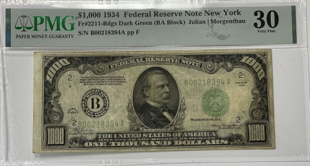 New Store Items 1934 $1000 FRN, NEW YORK, FR-2211, DARK GREEN SEAL, PMG VF-30, FRESH & ORIGINAL!