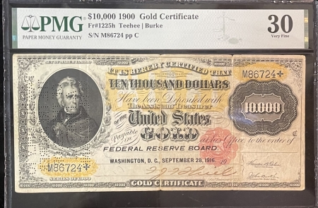 Large Gold Certificates 1900 $10000 GOLD CERTIFICATE, F1225h, PMG VF-30, “CANCELLED, STAINED, SPLITS”