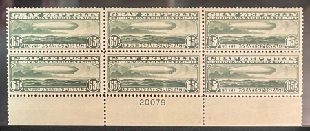 Air Post Stamps SCOTT #C-13 65c GREEN GRAF ZEPPELIN, BOTTOM PLATE BLOCK (6), MOG-NH, CAT $2200!