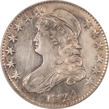 Early Halves 1824 CAPPED BUST HALF DOLLAR, ICG AU-53 DETAILS-CLEANED, WITH A PLEASING LOOK!
