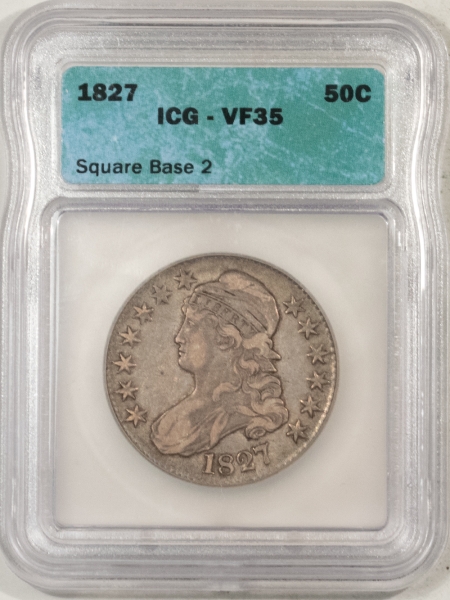 Early Halves 1827 CAPPED BUST HALF DOLLAR, SQUARE BASED 2, ICG VF-35; PLEASING LOOK!
