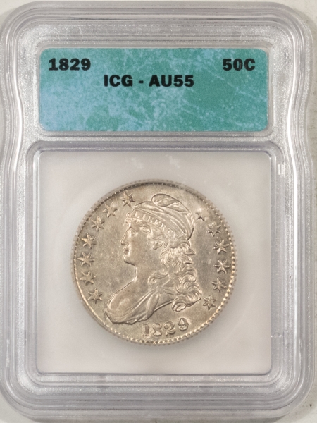 Early Halves 1829 CAPPED BUST HALF DOLLAR, ICG AU-55, LUSTROUS WITH A PLEASING LOOK!