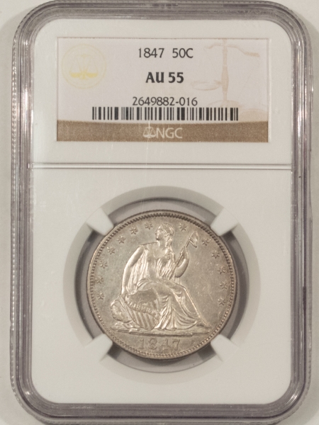 Liberty Seated Halves 1847 LIBERTY SEATED HALF DOLLAR – NGC AU-55, WELL STRUCK WITH LUSTER!