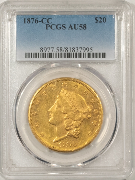 $20 1876-CC $20 LIBERTY HEAD GOLD – PCGS AU-58 SMOOTH & SEMI-REFLECTIVE, CARSON CITY