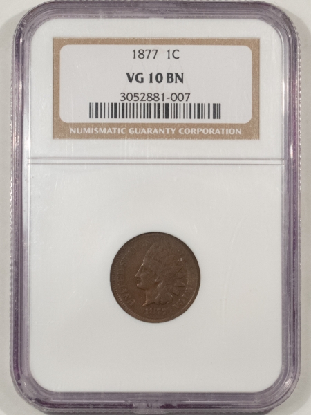 Indian 1877 INDIAN HEAD CENT – NGC VG-10 BN, LOOKS FULL, FINE & CHOCOLATE BROWN!