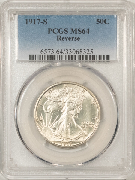 New Certified Coins 1917-S WALKING LIBERTY HALF DOLLAR, REVERSE – PCGS MS-64 BLAST WHITE, MARK FREE!